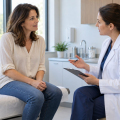 Mujer conversando con una cirujana sobre la recuperación en una consulta médica