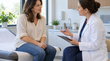 Mujer conversando con una cirujana sobre la recuperación en una consulta médica