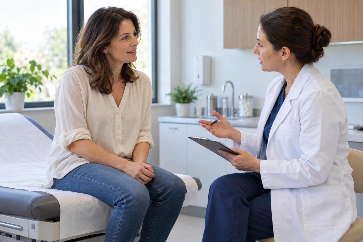 Mujer conversando con una cirujana sobre la recuperación en una consulta médica